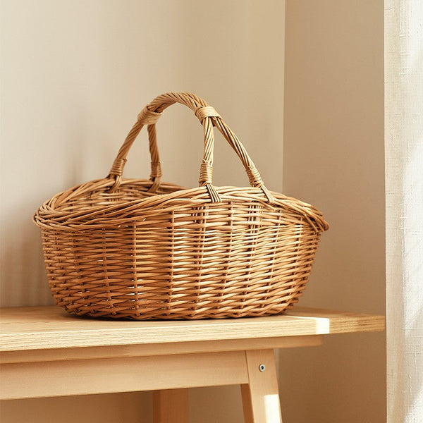 Large Kitchen Storage Baskets, Picnic Storage Basket with Handle, Hand-woven Wicker Storage Basket, Willow Weaving Baskets for Vegetable, Natural Fruit Basket-Grace Painting Crafts