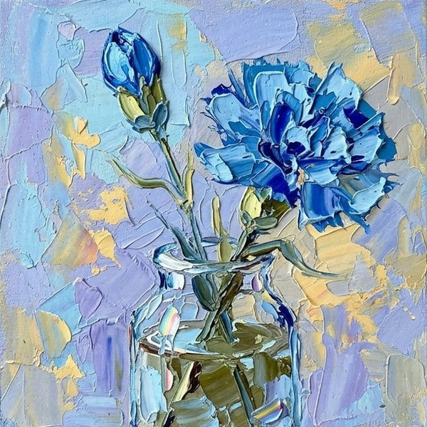 Hand Painted Canvas Art, Blue Carnations in Glass Vase, Small Canvas Artwork, Still Life Painting, Original Acrylic Flower Paintings, Impasto Artwork-Grace Painting Crafts