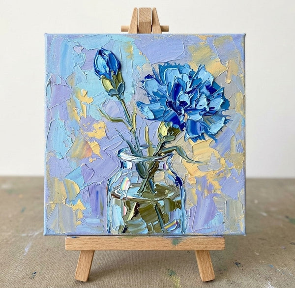 Hand Painted Canvas Art, Blue Carnations in Glass Vase, Small Canvas Artwork, Still Life Painting, Original Acrylic Flower Paintings, Impasto Artwork-Grace Painting Crafts