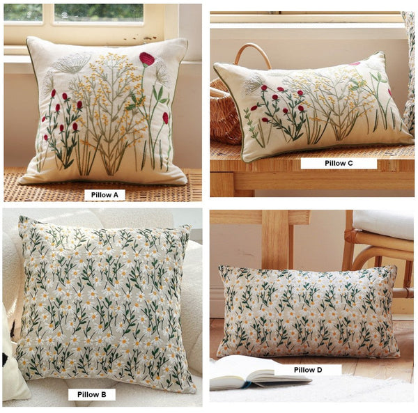 Farmhouse Decorative Pillows for Sofa, Embroider Flower Cotton Pillow Covers, Spring Flower Decorative Pillows for Bedroom, Decorative Pillows for Couch-Grace Painting Crafts