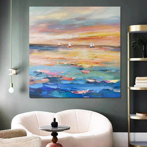 Abstract Landscape Wall Art for Bedroom, Sail Boat at Sea, Contemporary Modern Artwork, Large Modern Canvas Painting, Hand Painted Wall Art Painting-Grace Painting Crafts