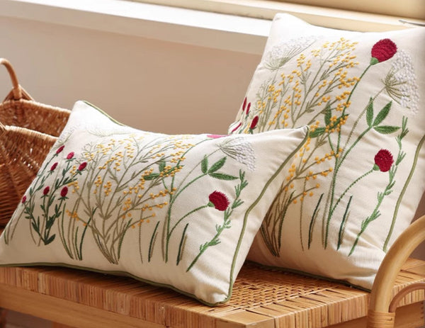 Decorative Pillows for Couch, Farmhouse Decorative Pillows for Sofa, Embroider Flower Cotton Pillow Covers, Spring Flower Decorative Pillows for Bedroom-Grace Painting Crafts