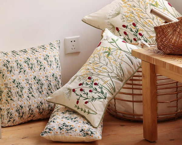 Decorative Pillows for Couch, Farmhouse Decorative Pillows for Sofa, Embroider Flower Cotton Pillow Covers, Spring Flower Decorative Pillows for Bedroom-Grace Painting Crafts