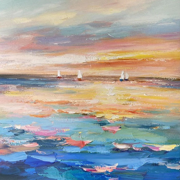 Abstract Landscape Wall Art for Bedroom, Sail Boat at Sea, Contemporary Modern Artwork, Large Modern Canvas Painting, Hand Painted Wall Art Painting-Grace Painting Crafts