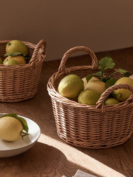 Large Picnic Fruit Basket with Handle, Natural Hand-woven Wicker Round Storage Basket, Lovely Willow Weaving Baskets for Vegetable, Natural Fruit Storage Basket, Kitchen Storage Baskets-Grace Painting Crafts