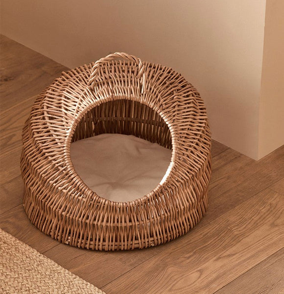 Indoor Cat Bed, Natural Wicker Cat House Basket with Washable Cushion for Indoor Cats and Dogs-Grace Painting Crafts