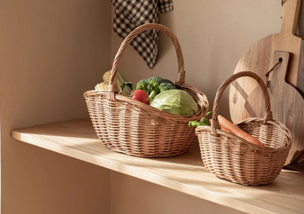 Natural Hand-woven Wicker Storage Basket, Large Picnic Food Basket with Handle, Lovely Willow Weaving Baskets for Vegetable, Natural Fruit Basket, Kitchen Storage Baskets-Grace Painting Crafts