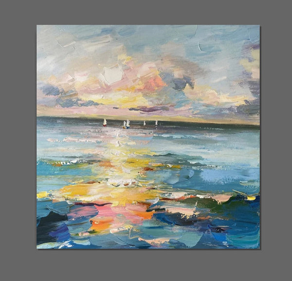 Sail Boat at Sea, Contemporary Modern Artwork, Abstract Landscape Wall Art for Bedroom, Large Modern Canvas Painting, Hand Painted Wall Art Painting-Grace Painting Crafts