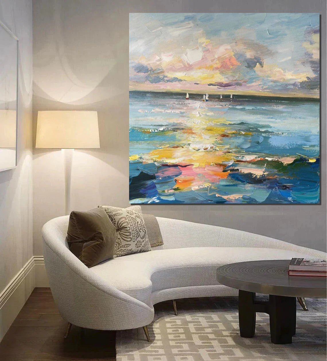 Sail Boat at Sea, Contemporary Modern Artwork, Abstract Landscape Wall Art for Bedroom, Large Modern Canvas Painting, Hand Painted Wall Art Painting-Grace Painting Crafts