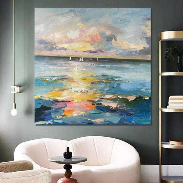 Sail Boat at Sea, Contemporary Modern Artwork, Abstract Landscape Wall Art for Bedroom, Large Modern Canvas Painting, Hand Painted Wall Art Painting-Grace Painting Crafts