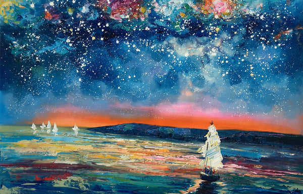 Canvas Painting, Abstract Art for Sale, Sail Boat under Starry Night Sky Painting, Custom Art, Buy Art Online-Grace Painting Crafts