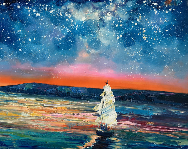 Canvas Painting, Abstract Art for Sale, Sail Boat under Starry Night Sky Painting, Custom Art, Buy Art Online-Grace Painting Crafts