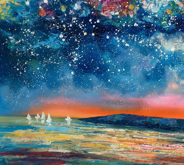 Canvas Painting, Abstract Art for Sale, Sail Boat under Starry Night Sky Painting, Custom Art, Buy Art Online-Grace Painting Crafts