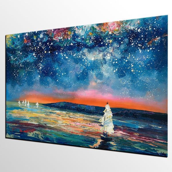 Canvas Painting, Abstract Art for Sale, Sail Boat under Starry Night Sky Painting, Custom Art, Buy Art Online-Grace Painting Crafts