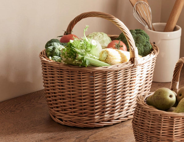 Large Picnic Food Basket with Handle, Natural Hand-woven Wicker Storage Basket, Willow Weaving Baskets for Vegetable, Natural Fruit Basket, Kitchen Storage Baskets-Grace Painting Crafts