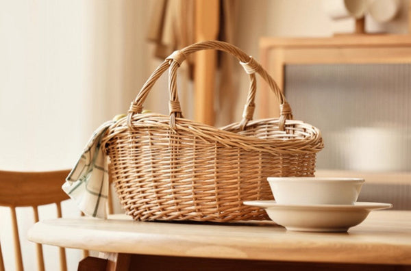 Large Kitchen Storage Baskets, Picnic Storage Basket with Handle, Hand-woven Wicker Storage Basket, Willow Weaving Baskets for Vegetable, Natural Fruit Basket-Grace Painting Crafts