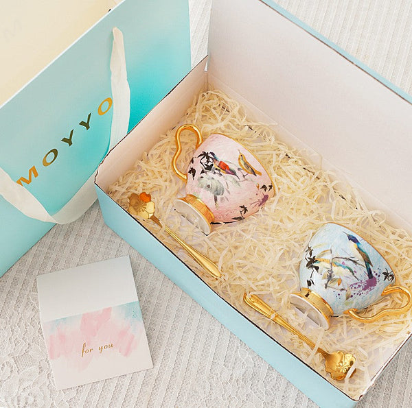 Unique Bird Flower Tea Cup and Saucer in Gift Box as Birthday Gift, Elegant Ceramic Coffee Cups, Afternoon British Tea Cups, Royal Porcelain Tea Cup Set-Grace Painting Crafts