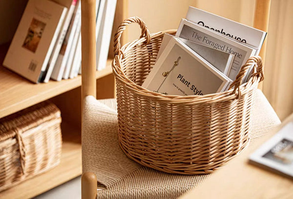 Small Picnic Fruit Basket with Handle, Kitchen Storage Baskets, Natural Hand-woven Wicker Round Storage Basket, Small Willow Weaving Baskets for Vegetable, Natural Fruit Storage Basket-Grace Painting Crafts