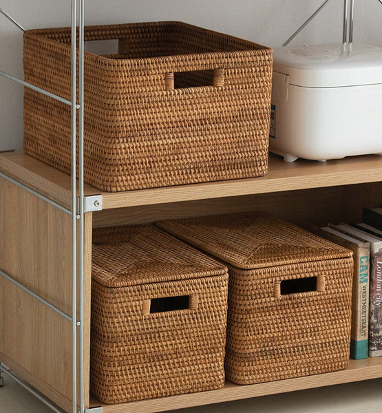 Rattan Storage Basket for Shelves, Rectangular Storage Basket with Lid, Extra Large Storage Baskets for Bedroom, Storage Baskets for Clothes-Grace Painting Crafts