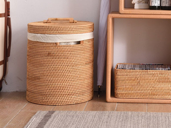 Large Laundry Storage Basket with Lid, Large Rattan Storage Basket for Bathroom, Woven Round Storage Basket for Clothes-Grace Painting Crafts