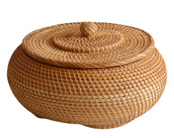 Woven Storage Basket for Kitchen, Round Storage Basket, Rattan Baskets, Small Storage Baskets, Handmade Storage Baskets, Round Storage Basket with Lid-Grace Painting Crafts