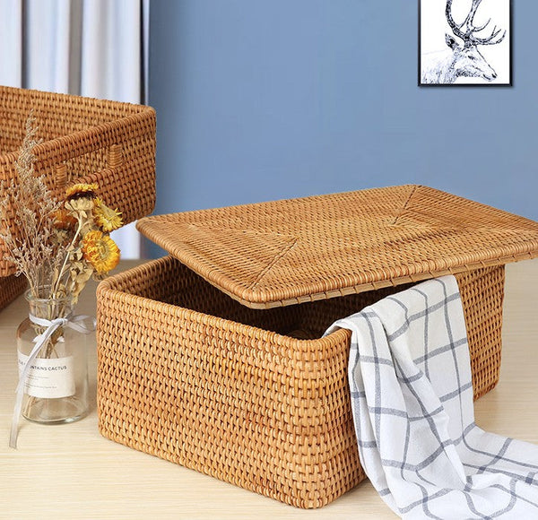 Storage Baskets with Lid, Rectangular Storage Baskets, Storage Baskets for Clothes, Pantry Storage Baskets, Rattan Woven Storage Basket for Bedroom-Grace Painting Crafts