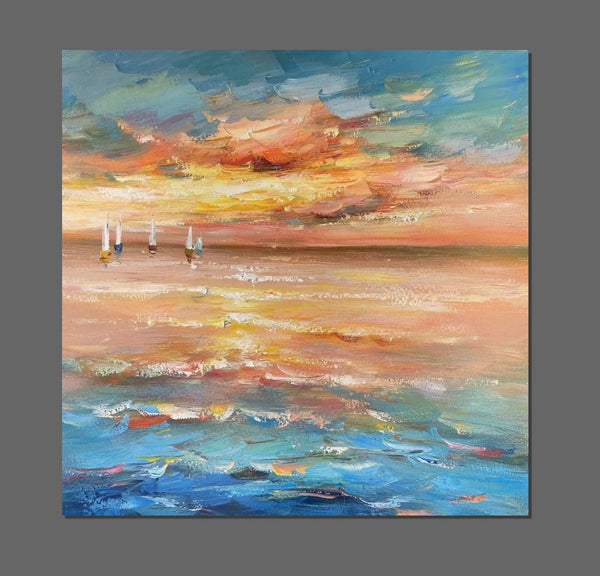 Contemporary Modern Artwork, Abstract Landscape Wall Art for Bedroom, Sail Boat at Sea, Large Modern Canvas Painting, Hand Painted Wall Art Painting-Grace Painting Crafts