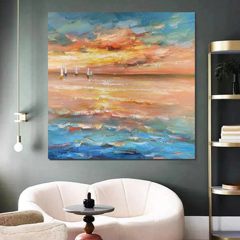 Contemporary Modern Artwork, Abstract Landscape Wall Art for Bedroom, Sail Boat at Sea, Large Modern Canvas Painting, Hand Painted Wall Art Painting-Grace Painting Crafts