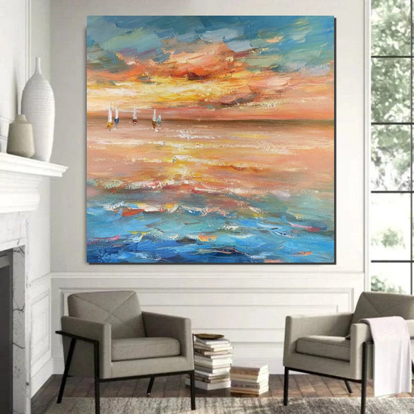 Contemporary Modern Artwork, Abstract Landscape Wall Art for Bedroom, Sail Boat at Sea, Large Modern Canvas Painting, Hand Painted Wall Art Painting-Grace Painting Crafts