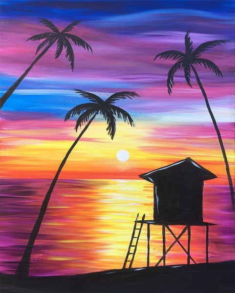 Simple Acrylic Paintings, Small Acrylic Painting on Canvas, Small Seashore Sunset Palm Tree Painting, Simple Landscape Artwork, Easy Painting Ideas on Canvas-Grace Painting Crafts