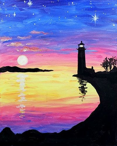 Small Seashore Lighthouse Landscape Painting, Small Canvas Artwork, Simple Landscape Art on Canvas, Simple Acrylic Paintings, Easy Painting Ideas on Canvas-Grace Painting Crafts