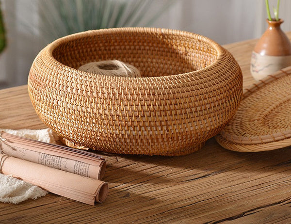 Woven Storage Basket for Kitchen, Round Storage Basket, Rattan Baskets, Small Storage Baskets, Handmade Storage Baskets, Round Storage Basket with Lid-Grace Painting Crafts