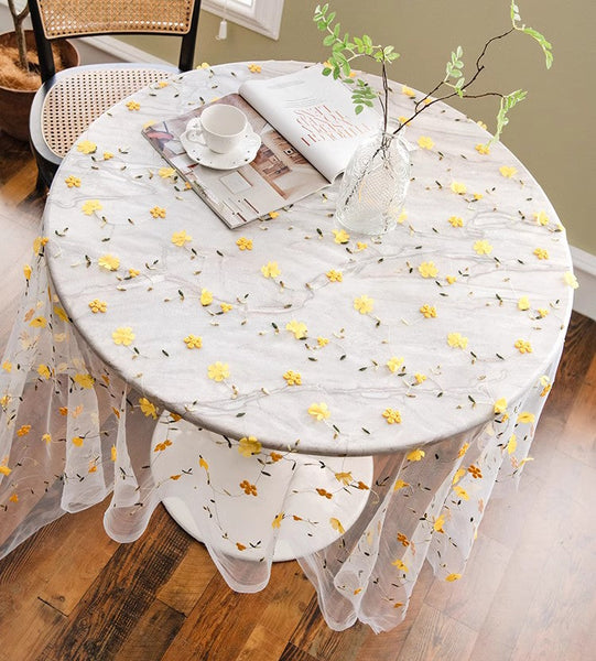 Yellow Flower Lace Tablecloths, Extra Large Rectangular Tablecloth for Oval Table, Lace Embroidered Table Covers, Rectangular Table Covers for Coffee Table-Grace Painting Crafts
