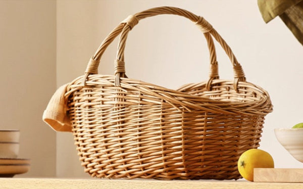Large Kitchen Storage Baskets, Picnic Storage Basket with Handle, Hand-woven Wicker Storage Basket, Willow Weaving Baskets for Vegetable, Natural Fruit Basket-Grace Painting Crafts