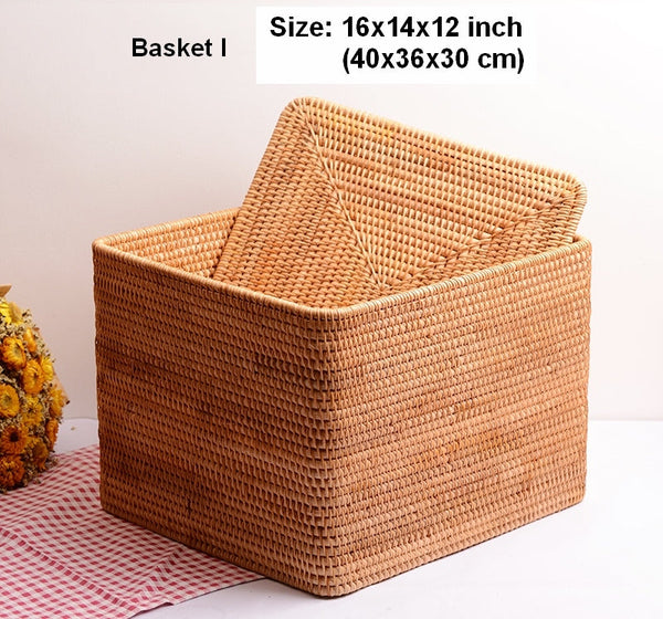 Woven Rattan Baskets, Rectangular Basket with Lid, Rectangular Storage Baskets, Storage Basket for Bedroom, Kitchen Storage Baskets-Grace Painting Crafts