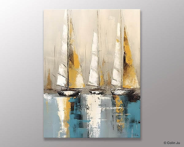 Large Painting Ideas for Living Room, Large Original Canvas Art for Bedroom, Sail Boat Canvas Painting, Modern Abstract Wall Art Paintings-Grace Painting Crafts