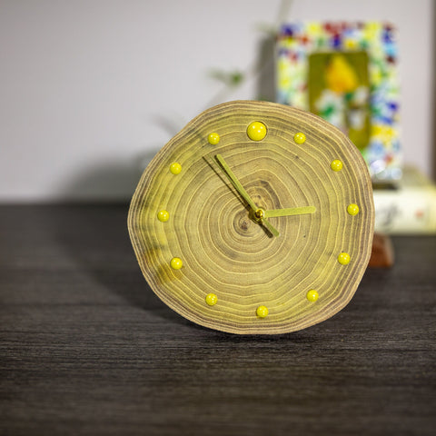 Unique Handcrafted Wooden Clock: Artisan Design with Locust Wood Rings, Yellow Ceramic Beads, and Magnetic Backing - Perfect Gift Home Decor-Grace Painting Crafts