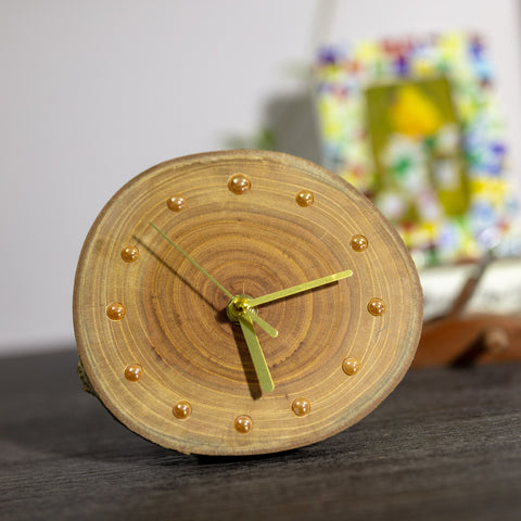 Unique Handcrafted Zelkova Serrata Desktop Clock: Artisan Design, Gold Ceramic Beads, Magnetic Pine Wood Backing, Eco-Friendly-Grace Painting Crafts