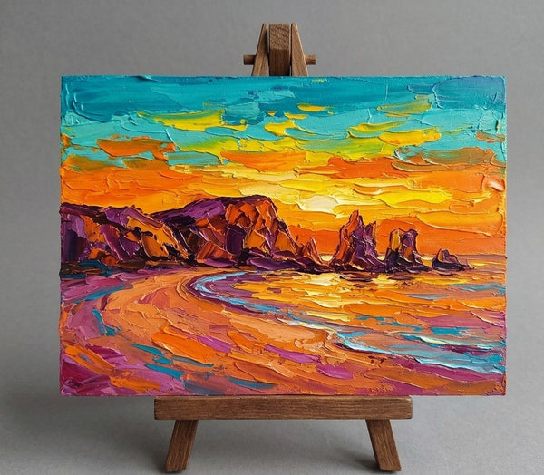 Original Landscape Paintings, Sunset Over Coastal Cliffs, Impasto Heavy Texture Art, Small Canvas Wall Art Paintings, Buy Original Artwork Online, Hand Painted Canvas Art-Grace Painting Crafts