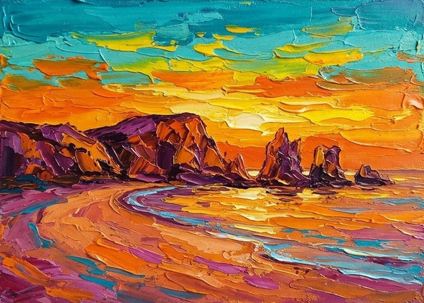 Original Landscape Paintings, Sunset Over Coastal Cliffs, Impasto Heavy Texture Art, Small Canvas Wall Art Paintings, Buy Original Artwork Online, Hand Painted Canvas Art-Grace Painting Crafts