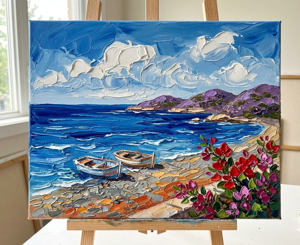 Moored Boats in the Sunny Bay, Small Canvas Artwork for Sale, Original Seascape Paintings, Original Oil Paintings, Heavy Texture Paintings-Grace Painting Crafts