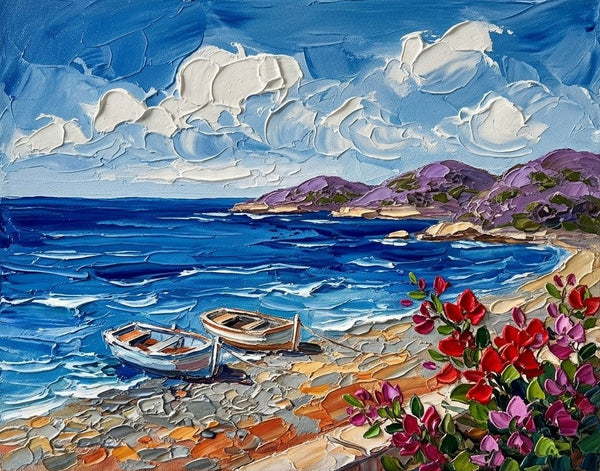Moored Boats in the Sunny Bay, Small Canvas Artwork for Sale, Original Seascape Paintings, Original Oil Paintings, Heavy Texture Paintings-Grace Painting Crafts