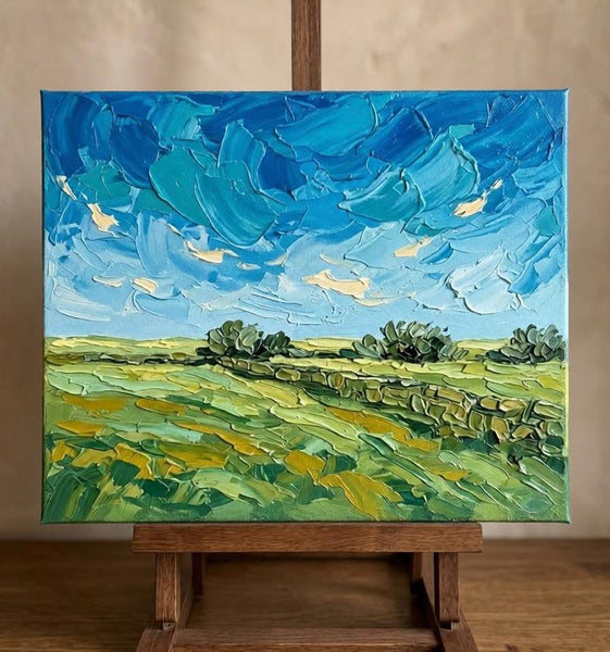 Rural Prairie Under Turbulent Clouds, Original Landscape Paintings, Original Oil Paintings, Heavy Texture Paintings, Hand Painted Canvas Art, Small Canvas Artwork-Grace Painting Crafts