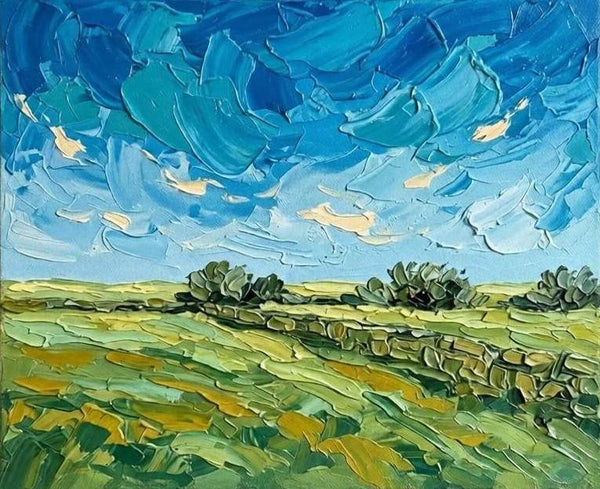 Rural Prairie Under Turbulent Clouds, Original Landscape Paintings, Original Oil Paintings, Heavy Texture Paintings, Hand Painted Canvas Art, Small Canvas Artwork-Grace Painting Crafts