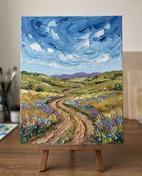 Original Small Paintings for Sale, Winding Path Under Cloudy Sky, Original Landscape Paintings, Small Artwork for Sale, Hand Painted Canvas Art, Impasto Paintings-Grace Painting Crafts