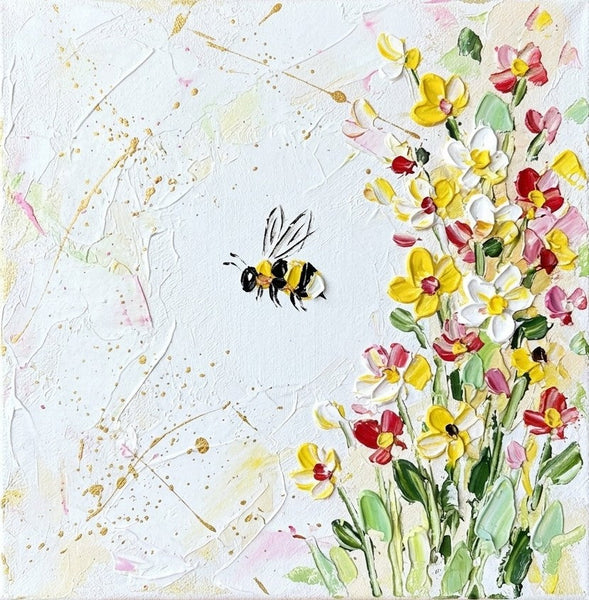 Original Acrylic Paintings, Miniature Canvas Painting, Blooming Flowers and Busy Bee, Impasto Artwork, Small Art for Sale, Cute Small Canvas Wall Art, Hand Painted Canvas Art-Grace Painting Crafts
