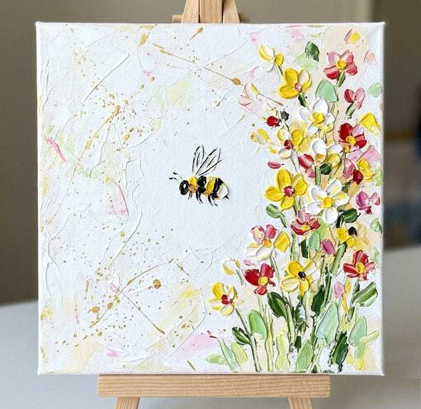 Original Acrylic Paintings, Miniature Canvas Painting, Blooming Flowers and Busy Bee, Impasto Artwork, Small Art for Sale, Cute Small Canvas Wall Art, Hand Painted Canvas Art-Grace Painting Crafts