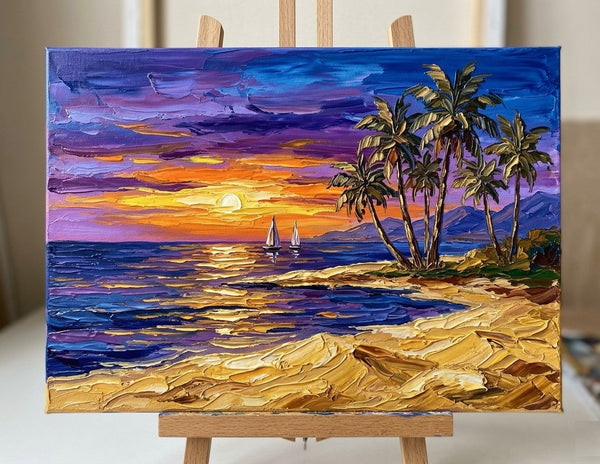 Impasto Sunset Ocean, Seashore Beach Painting, Small Canvas Artwork for Sale, Original Seascape Paintings, Original Oil Paintings, Heavy Texture Paintings-Grace Painting Crafts