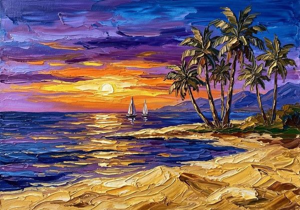 Impasto Sunset Ocean, Seashore Beach Painting, Small Canvas Artwork for Sale, Original Seascape Paintings, Original Oil Paintings, Heavy Texture Paintings-Grace Painting Crafts