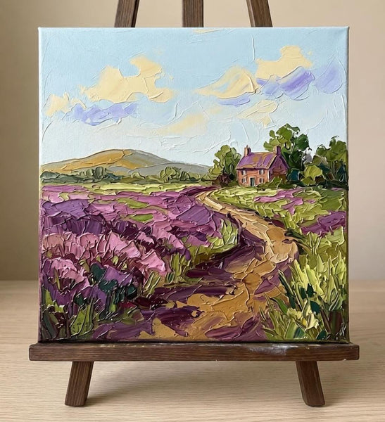 Original Landscape Paintings, Winding Path Through Purple Fields, Miniature Original Artwork, Hand Painted Canvas Art, Small Canvas Wall Art Paintings, Heavy Texture Artwork-Grace Painting Crafts